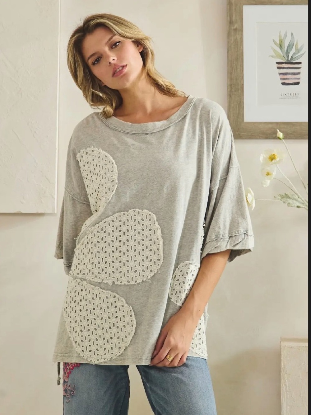 Oli & Hali Grey Relaxed Tee with Cream Crochet Insets